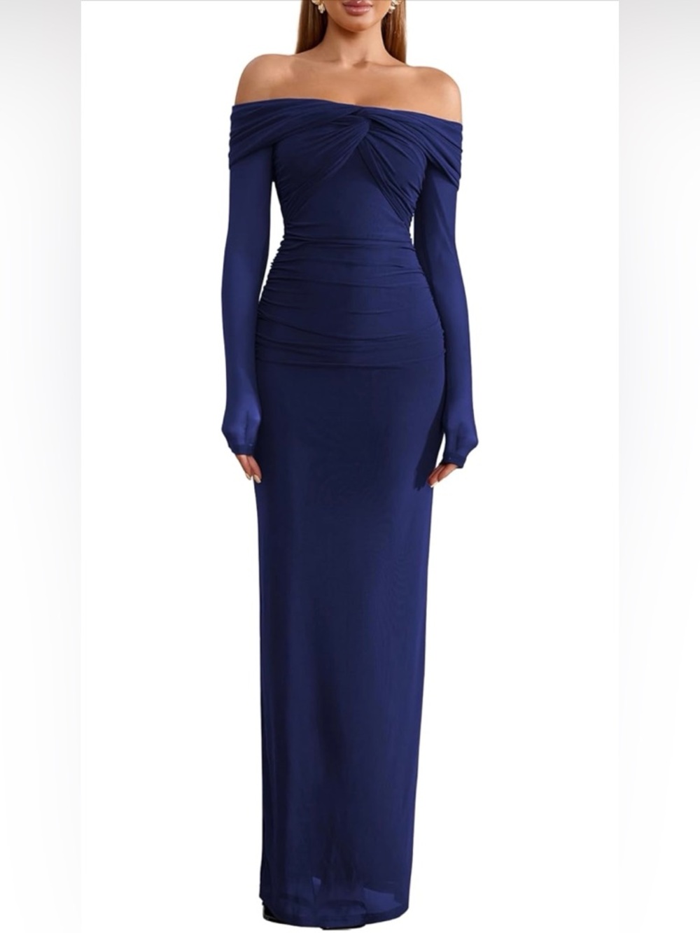 Elegant Off-Shoulder Navy Long-Sleeve Maxi Dress